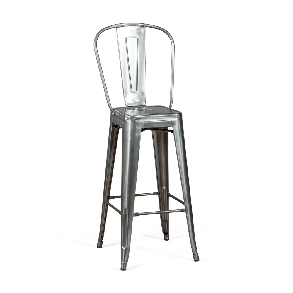 Réplique du tabouret métallique Tolix avec dossier haut et hauteur de 76 centimètres, inspiré du design de Xavier Pauchard