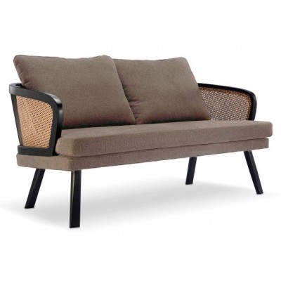 Divano Loveseat Leeds in rattan naturale e cuscino in cotone stile vintage.