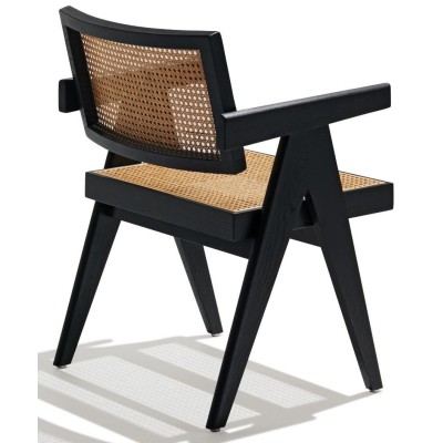 Compass chair with armrests in teak wood and natural rattan