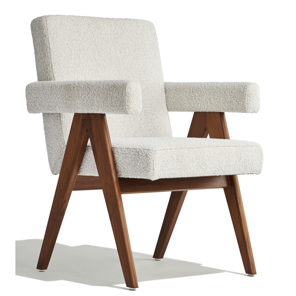 Compass chair with armrests in teak wood and bouclé fabric