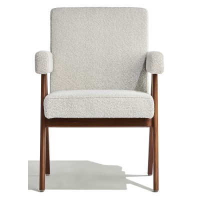 Compass chair with armrests in teak wood and bouclé fabric