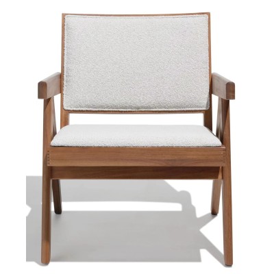 Chaise longue Compass avec accoudoirs en bois de teck et tissu bouclé