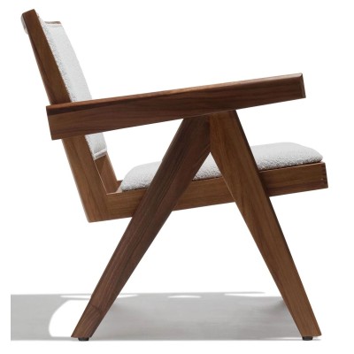 Compass lounge chair with armrests in teak wood and bouclé fabric