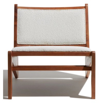 Compass Lounge armchair upholstered in teak wood and bouclé fabric